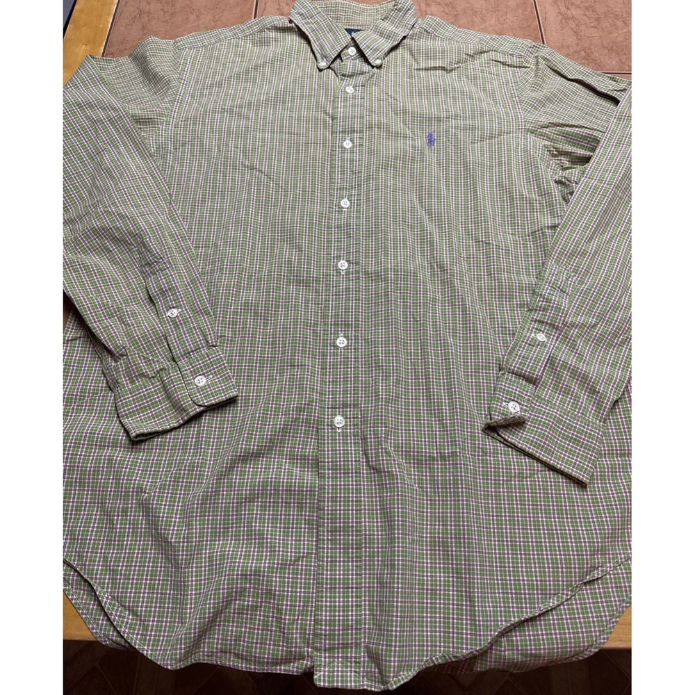 Ralph‎ Lauren Classic Fit Cotton Green Purple Plaid Pony Button Front Shirt Sz L
